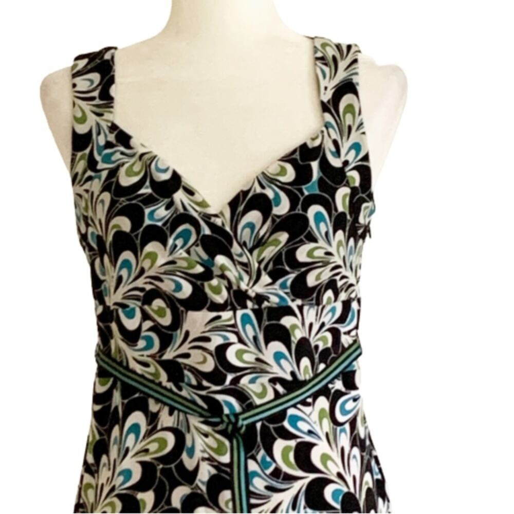 LOFT Dress Brown Blue Green Floral Sleeveless Ribbon Belted Dress Size 6 - Picture 15 of 15
